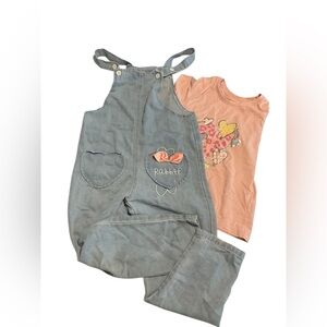Set of 3 Girls age 6/7  Light Blue Denim Overalls, shirt and hat.